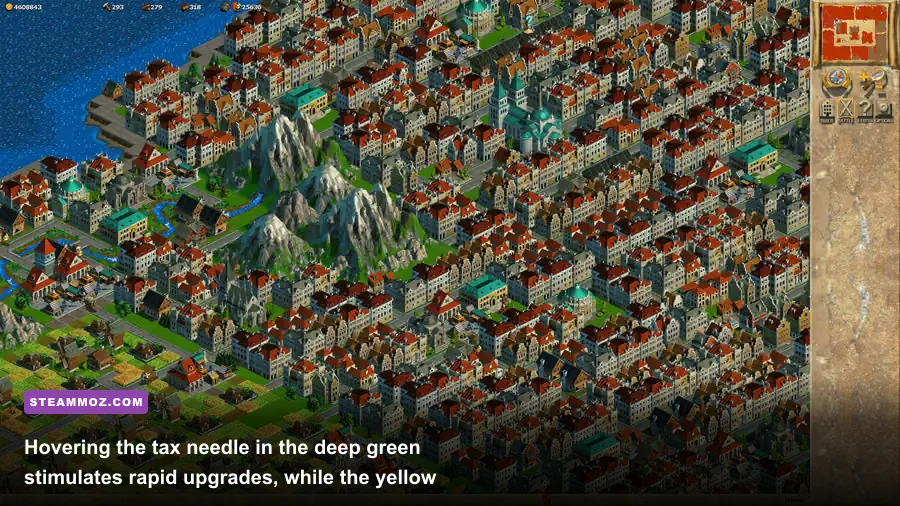Tuning the citizen taxation slider in Anno 1602 to balance mood and gold reserves