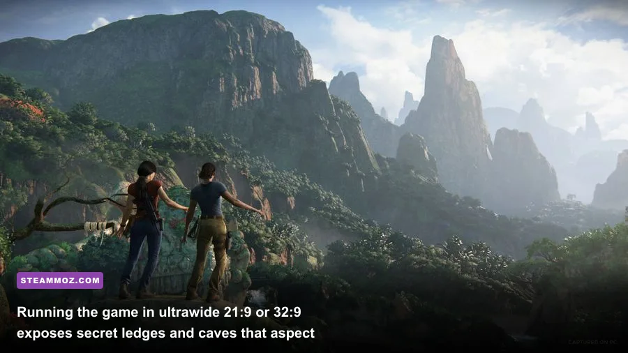 Expansive 21:9 ultrawide panoramic view of the pirate colony ruins in Uncharted PC