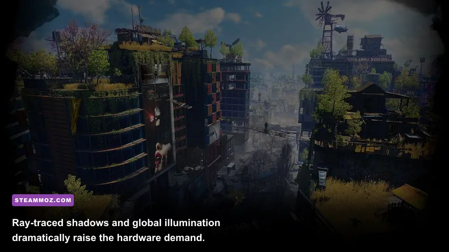 Dying Light 2 ray-traced night street in Villedor with detailed lighting