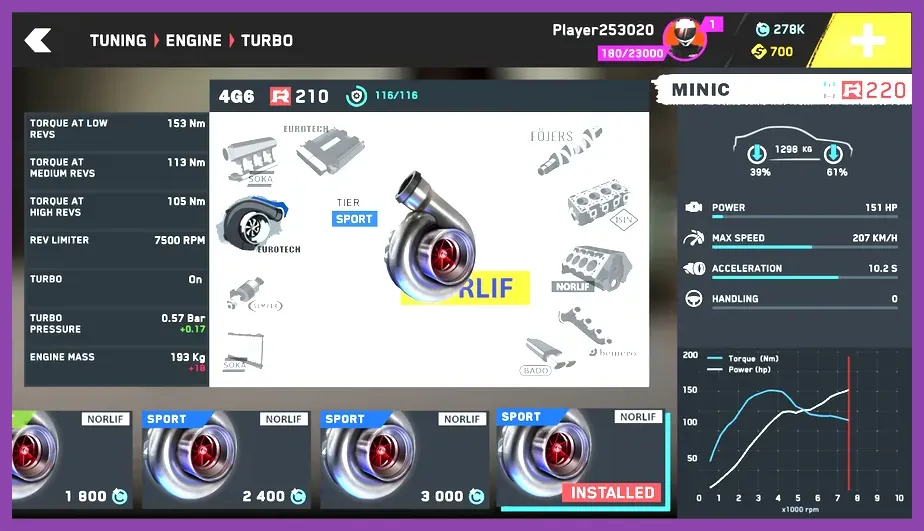 CarX Street detailed garage customization and engine tuning interface