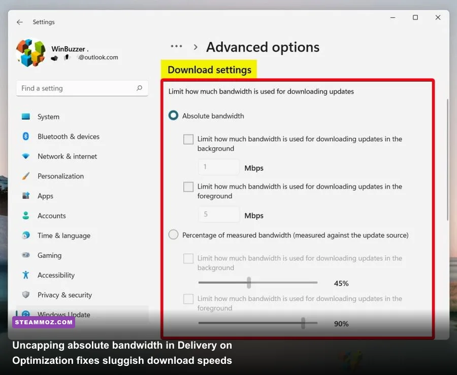 Windows 11 advanced Delivery Optimization settings panel showing bandwidth limits