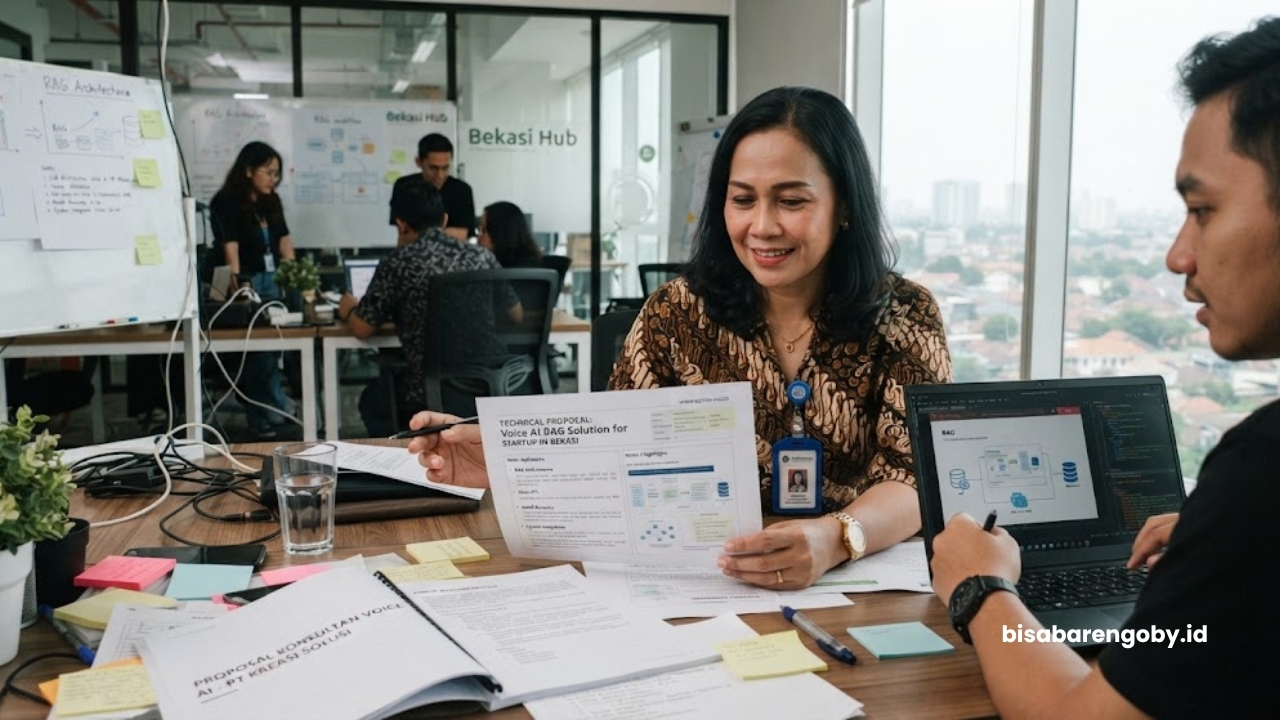 Manajer operasional mengevaluasi proposal teknis saat menyeleksi konsultan Voice AI untuk startup di Bekasi berbasis RAG