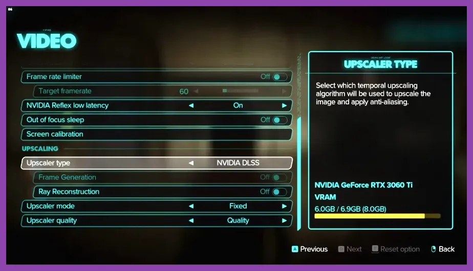 Star Wars Outlaws PC graphics settings menu with upscaling and ray tracing options