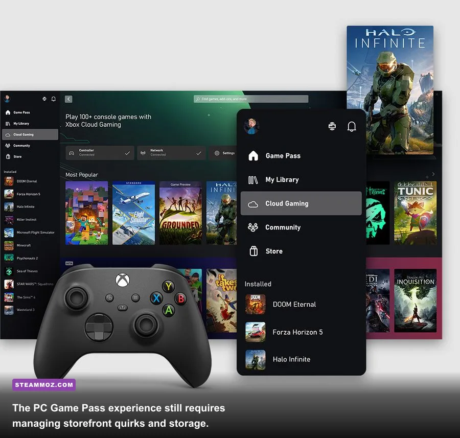 Xbox app running on Windows 11 with game installation and cloud options