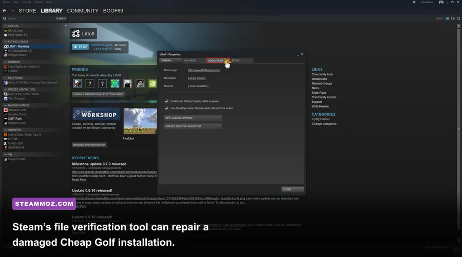 Steam game properties window showing the verify integrity of game files option