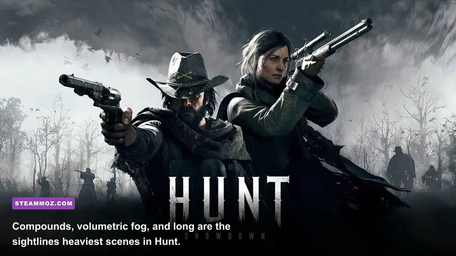 Hunt Showdown 1896 hunter moving through a foggy compound