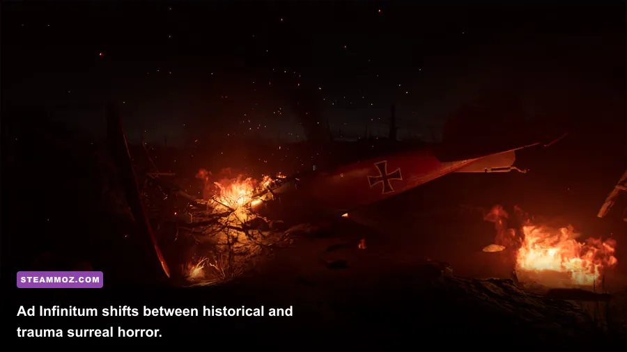 Ad Infinitum screenshot of a surreal World War I trench nightmare landscape