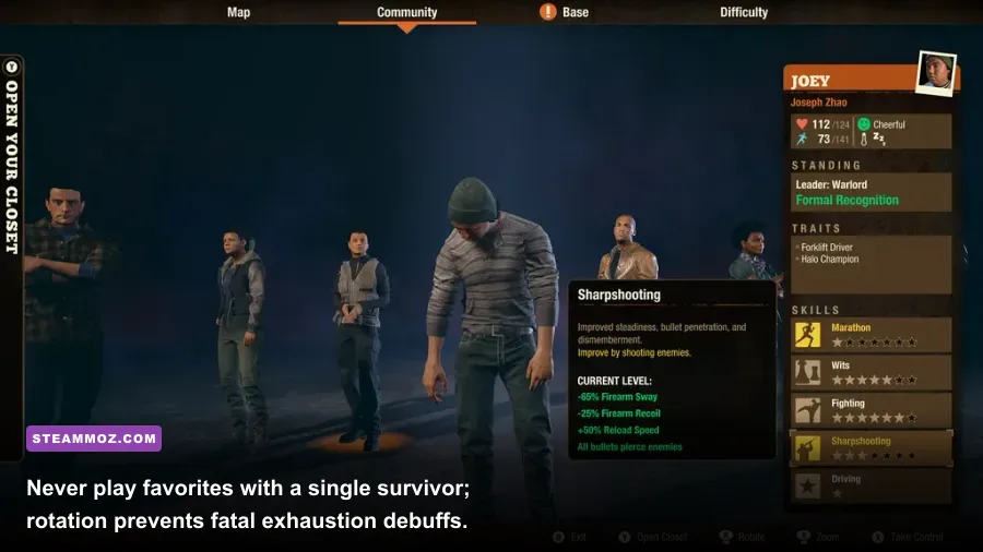 Character status and skill menu showing survivor fatigue and health in State of Decay