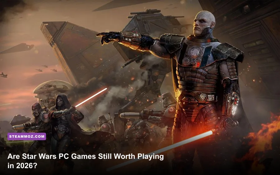 Collage of classic Star Wars PC games including Knights of the Old Republic and Jedi Academy