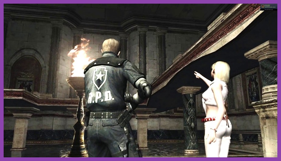 Leon and Ashley walking through Salazar Castle in Resident Evil 4 Remake