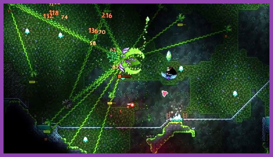 Terraria pixel art character fighting a giant eyeball boss in a cave
