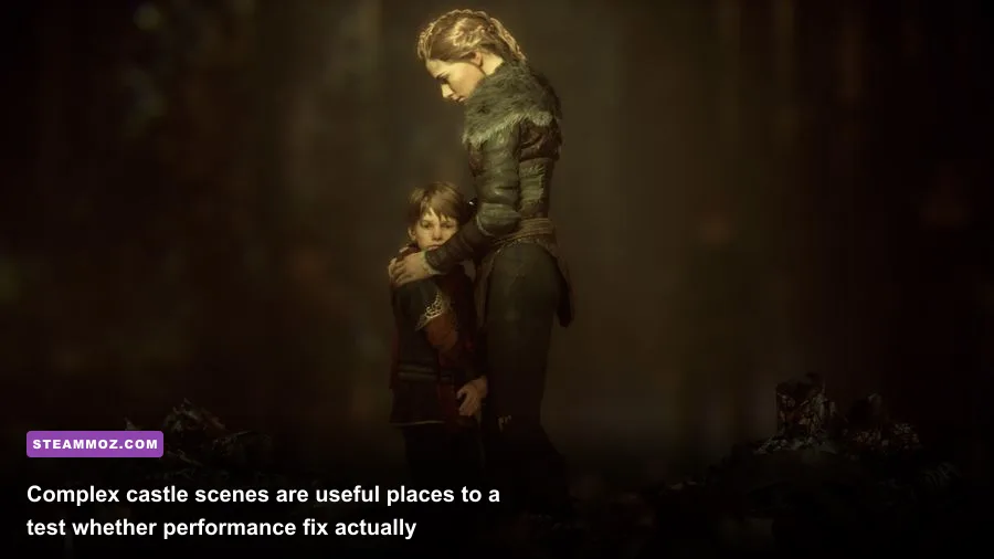 A Plague Tale Innocence castle courtyard gameplay scene on PC