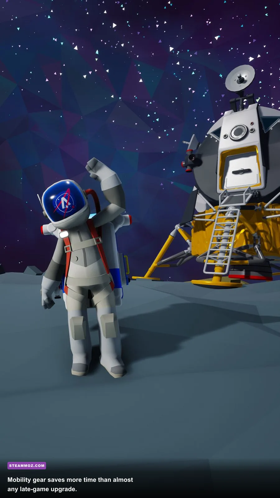 Astroneer player riding a Hoverboard across an alien planet