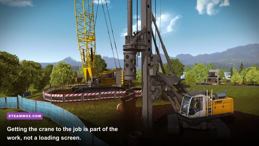 First-person cockpit view while driving the Liebherr LTM 1300-6.2 in Construction Simulator 2015