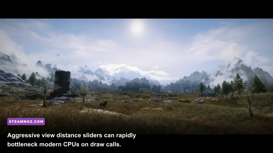 Vast view across the Whiterun tundra towards the Throat of the World