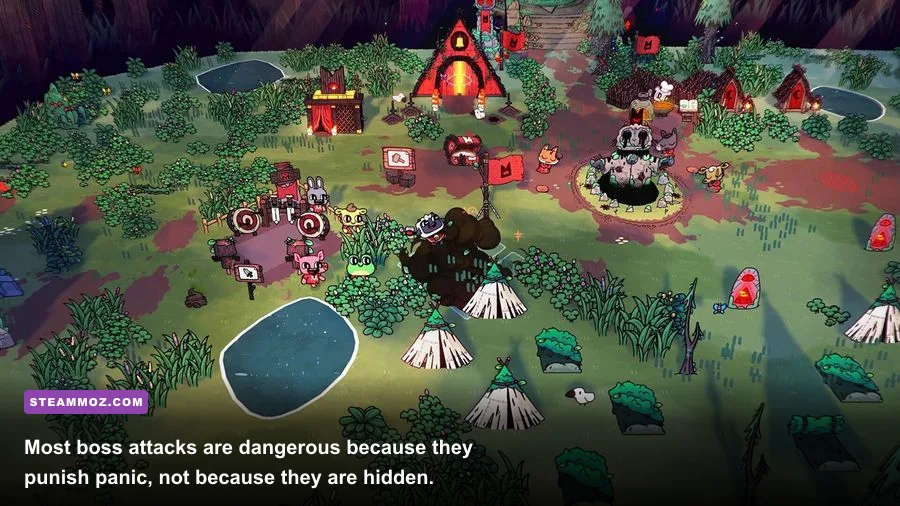 Cult of the Lamb Leshy boss battle with projectile attack telegraphs