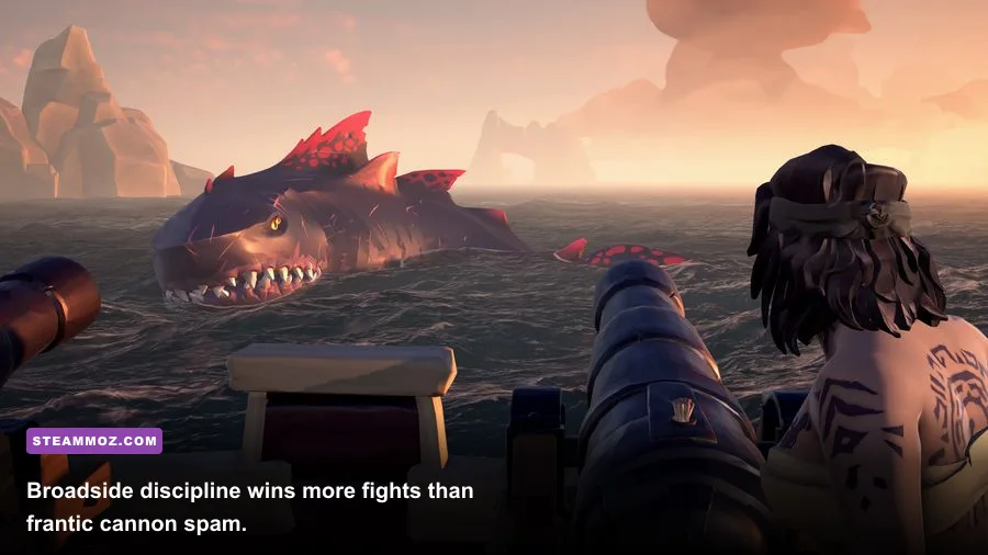 A Sea of Thieves ship firing cannons during an ocean battle