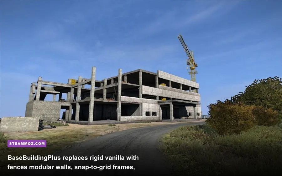 A massive multi-level fortified base built using the BaseBuildingPlus mod in a DayZ forest