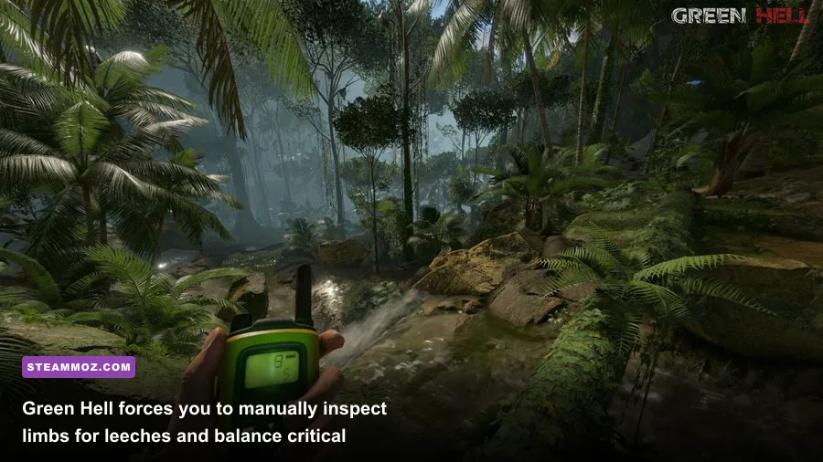 Green Hell player inspecting forearm for parasites while checking smartwatch macronutrients