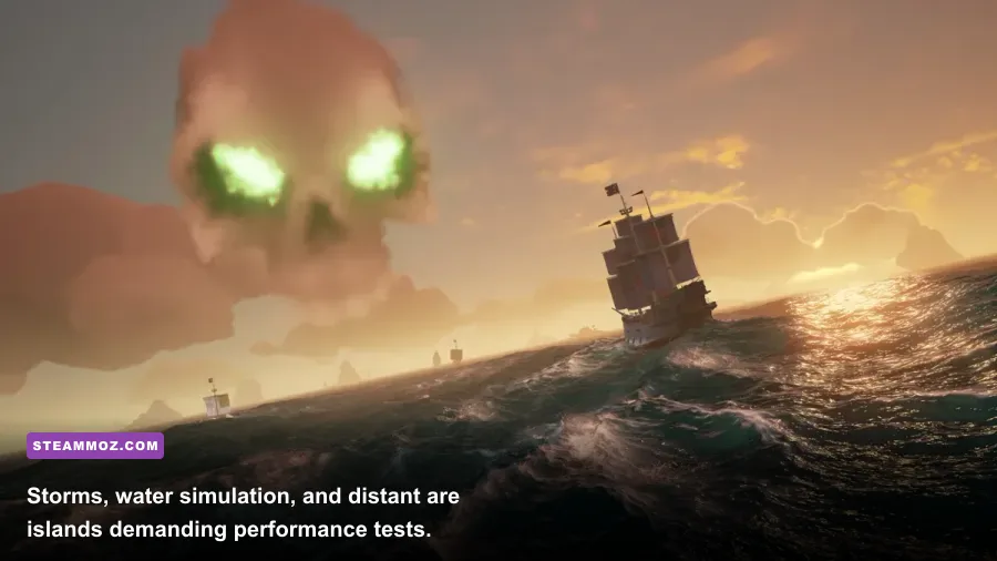 Sea of Thieves ship sailing through a storm with rain and waves
