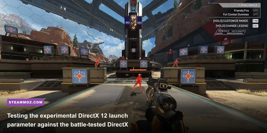 Apex Legends firing range weapon test showing stable frame pacing