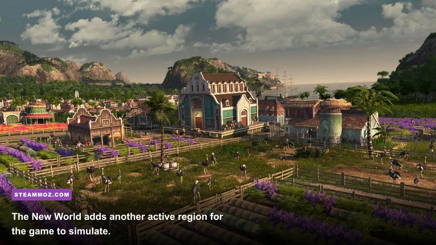 Anno 1800 New World jungle settlement with plantations and trading ships