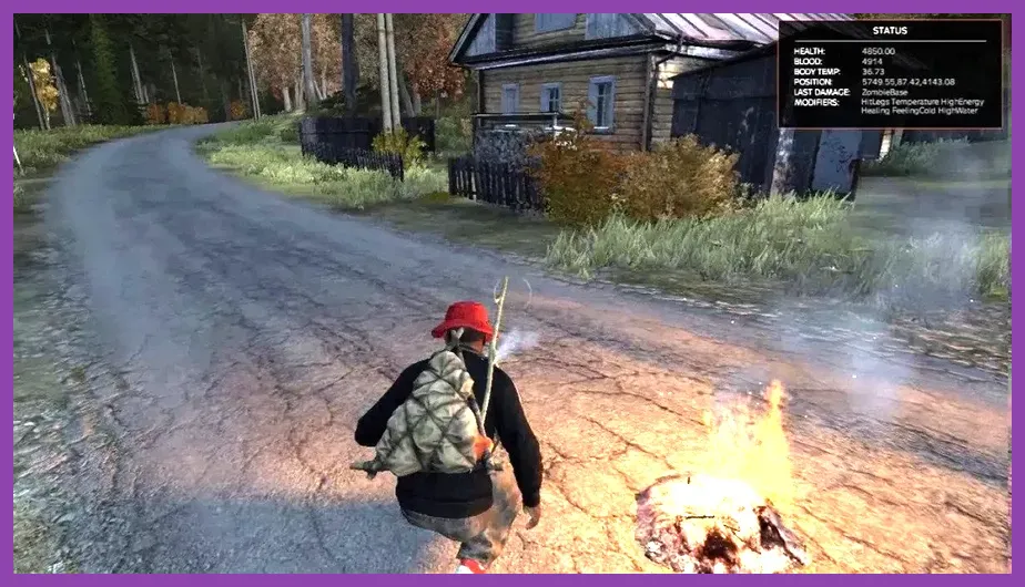 DayZ survivor beside a campfire in a forested Chernarus location