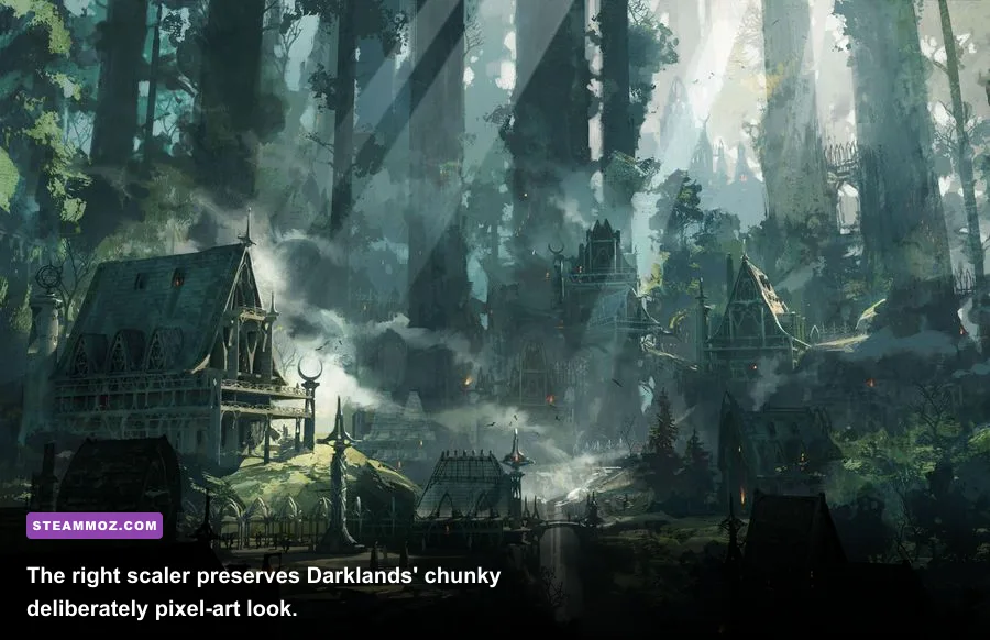 Atmospheric Darklands medieval town scene from the classic PC RPG