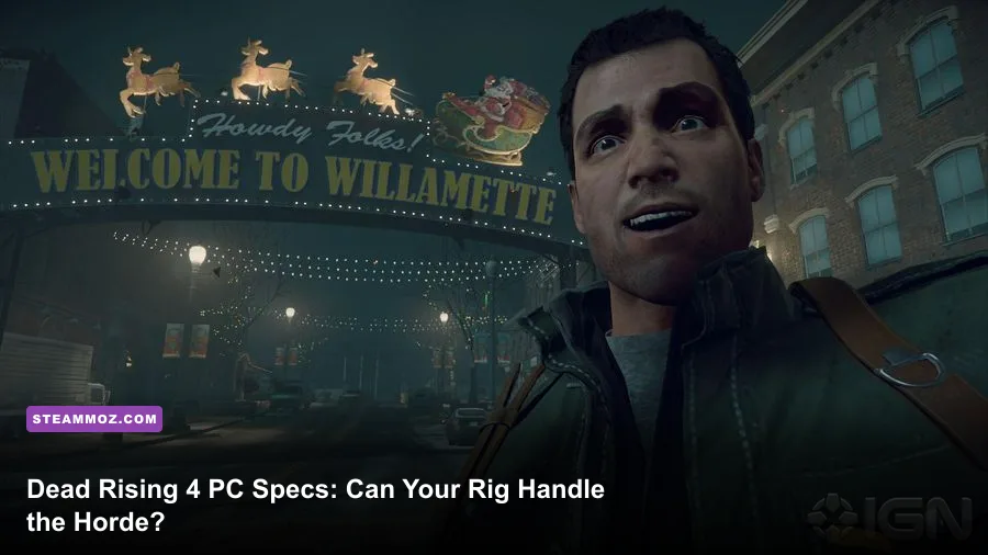 Frank West fighting zombies inside the Willamette Memorial Megaplex in Dead Rising 4