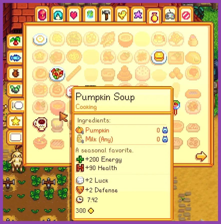 Consumables and food buffs in Stardew Valley inventory