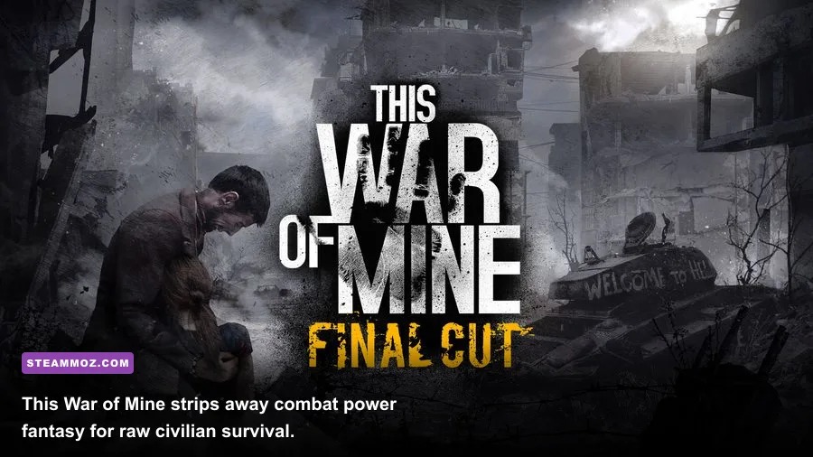 Civilians scavenge supplies in a besieged shelter in This War of Mine