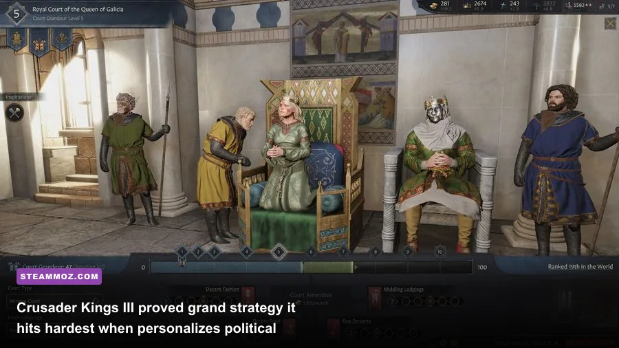Crusader Kings 3 character screen showing medieval ruler traits, stress levels, and succession laws