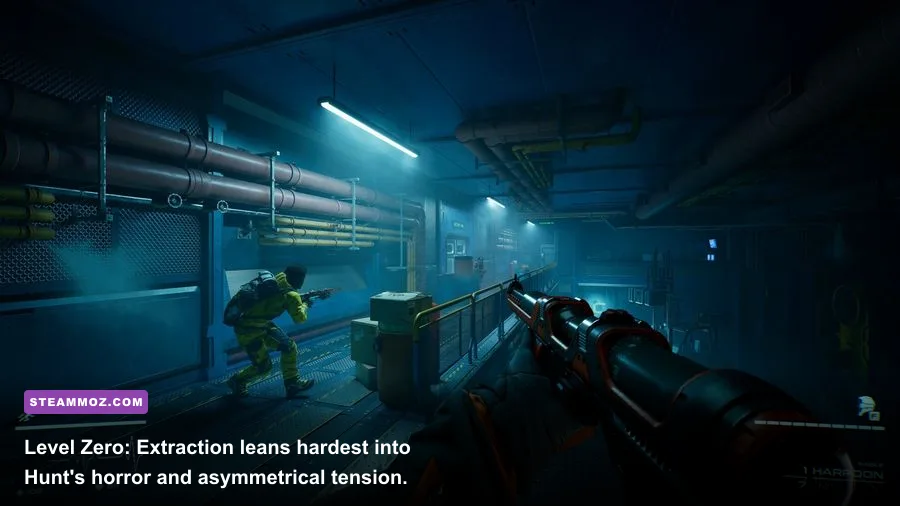 Level Zero Extraction players surviving an alien attack inside a dark laboratory