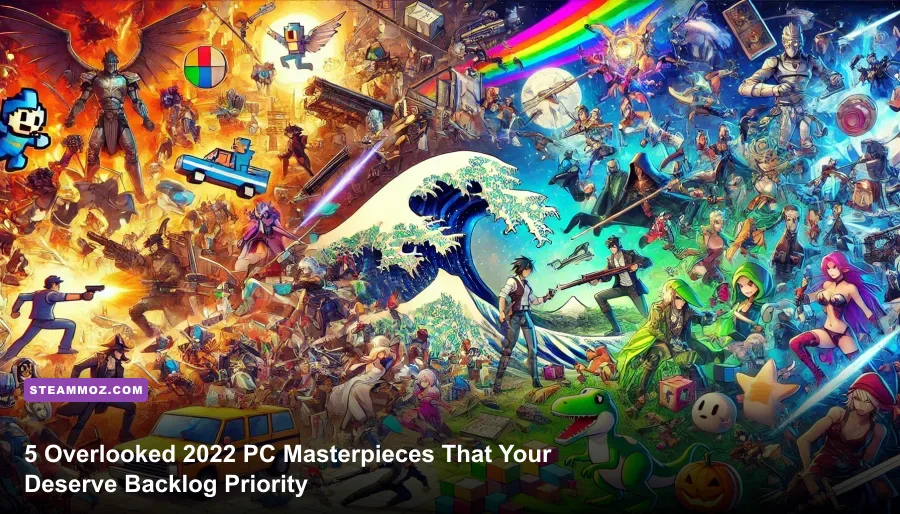 Montage of overlooked 2022 PC indie gems featuring stylized tactical grids and surrealist artwork