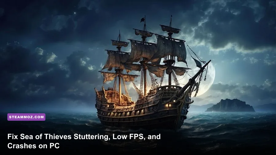 Sea of Thieves pirate ship sailing across a sunset ocean