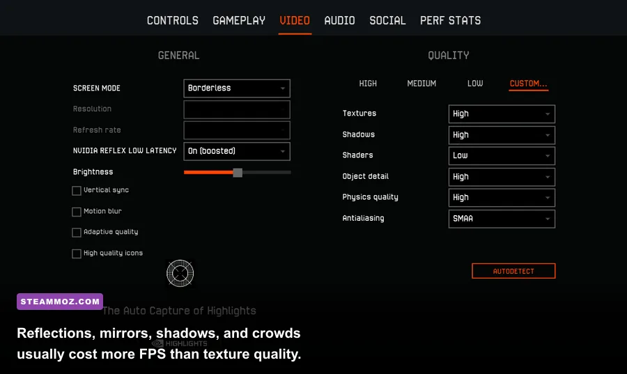 Detailed PC racing game graphics settings menu with reflections and shadow options