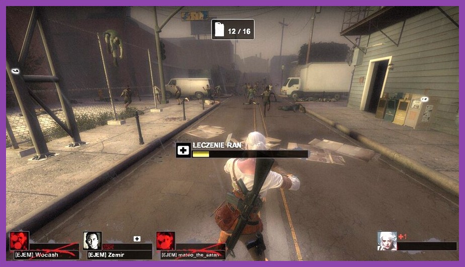 Four survivors blasting through a zombie horde in Left 4 Dead 2