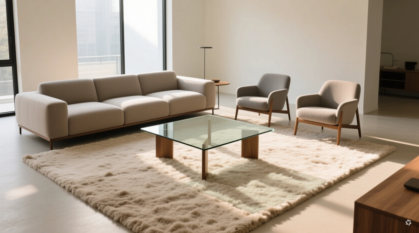 large area rug anchoring sofa and coffee table in an open-concept living room