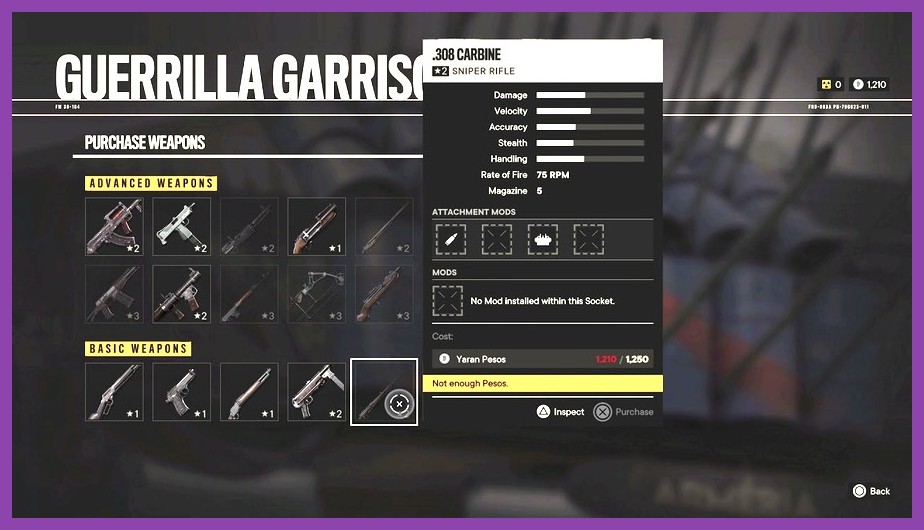 Guerrilla Garrison vendor showing advanced weapons in Far Cry 6