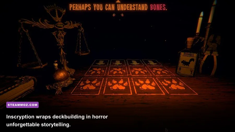 Inscryption screenshot showing eerie cabin card table gameplay