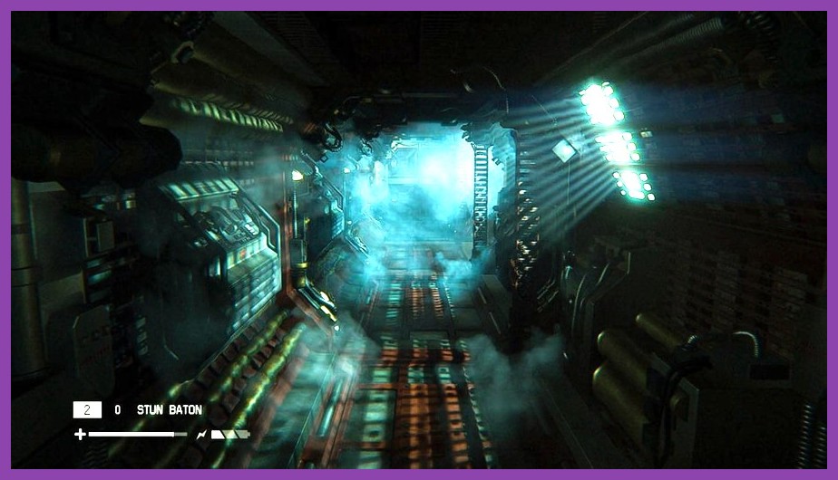 Dark retro-futuristic corridor in Alien Isolation showing volumetric lighting on mobile