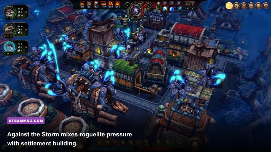 Against the Storm rain-soaked village management screenshot