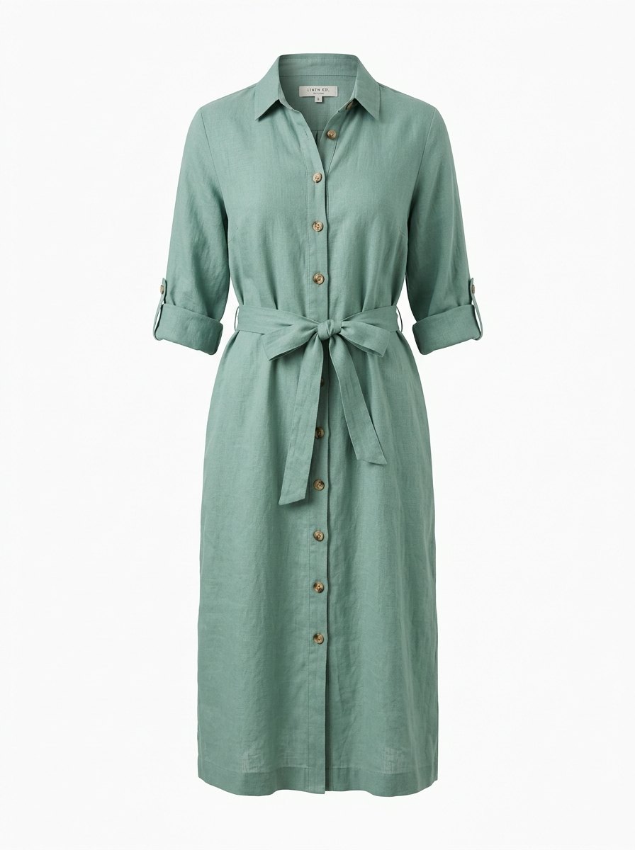Sea-glass linen shirt dress design with tie belt and rolled sleeves