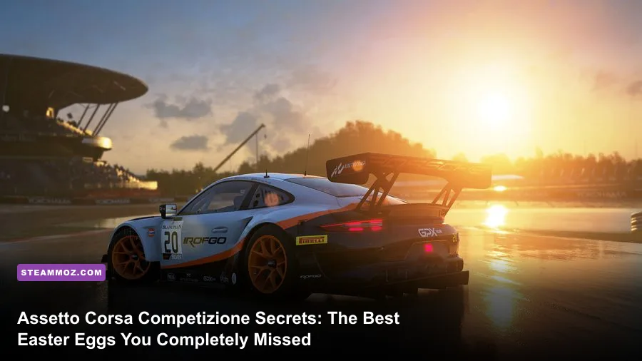 GT3 cars racing under dramatic sunset lighting in Assetto Corsa Competizione PC