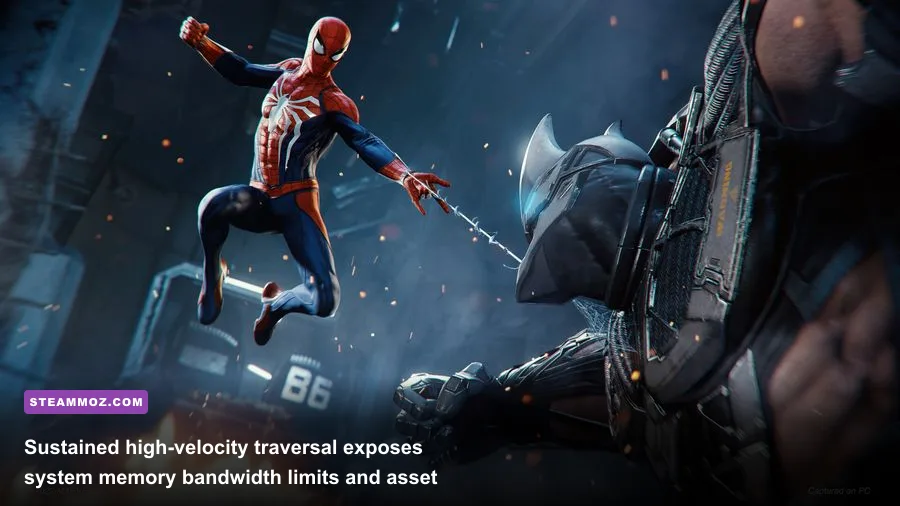 Spider-Man performing a high-speed dive and point launch over Central Park