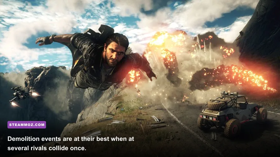 Vehicles crashing during a demolition derby event in Just Cause 4 Dare Devils of Destruction