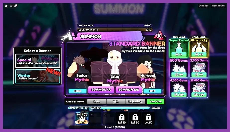 Typical gacha banner summon screen in popular Roblox experiences