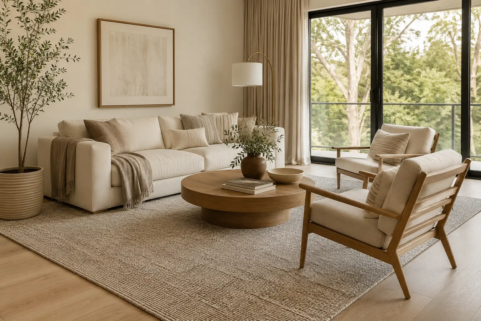 modern living room with a properly sized area rug anchoring a sofa and chairs