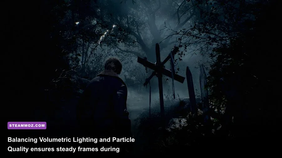 Rain effects and volumetric fog along the murky lakeside path in Resident Evil 4