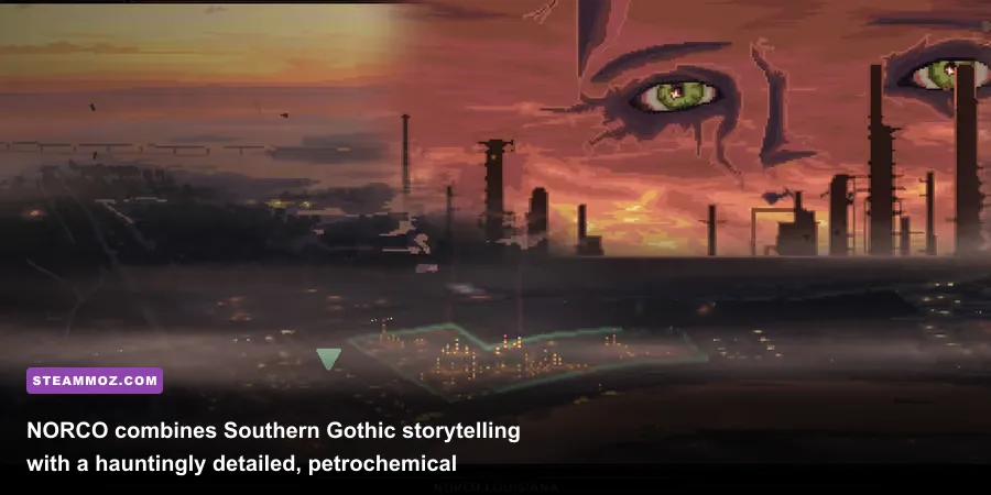 Dystopian industrial refinery landscape from the pixel-art adventure game NORCO